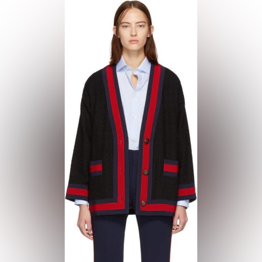 Oversized Gucci Tweed Sweater Jacket - Blue and Red Web Ribbon.